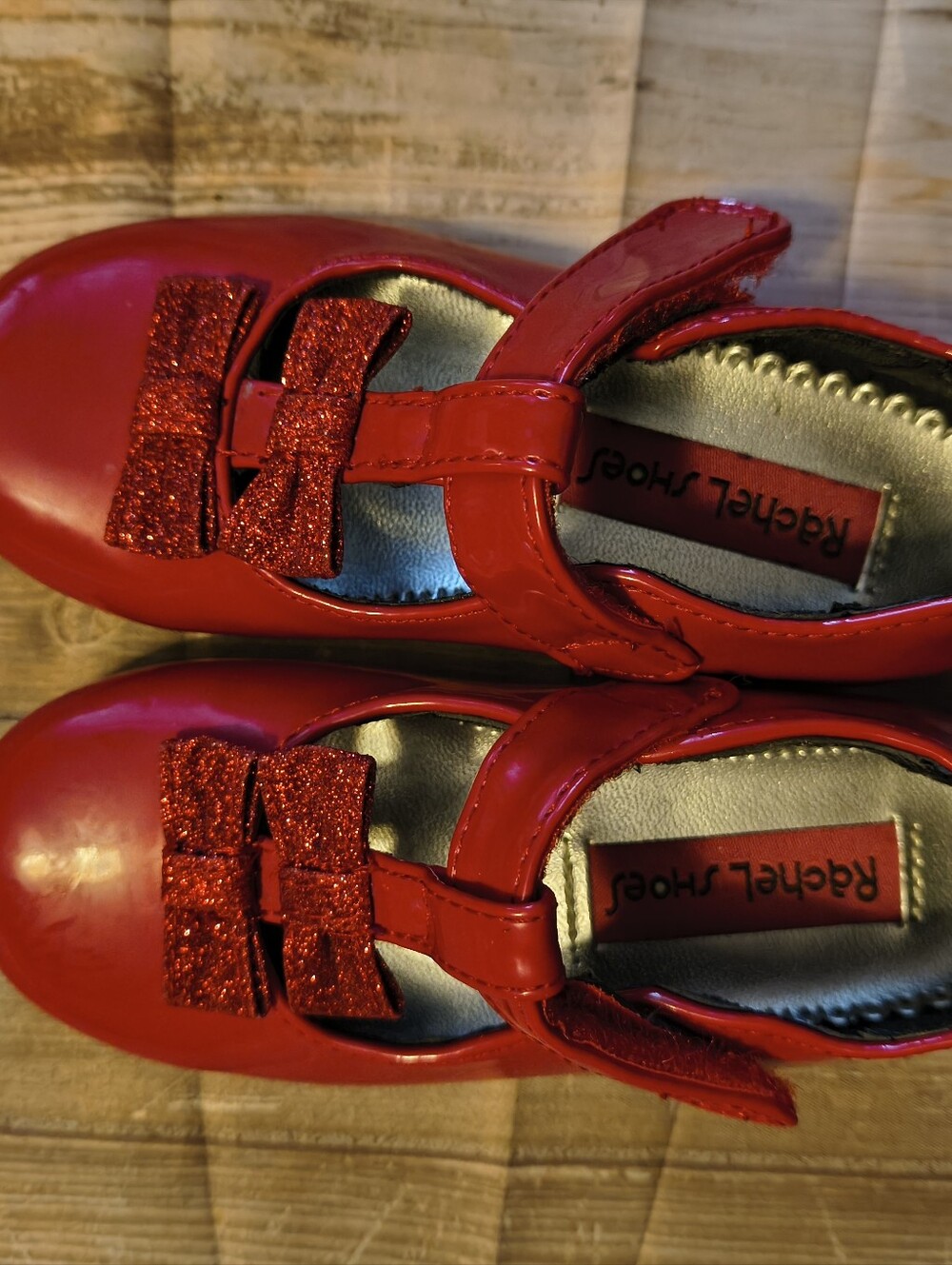 Rachel Shoes Red Patent Mary Jane with Glitter Bow Accent 7c